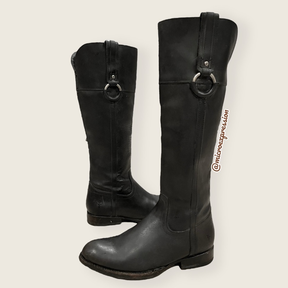 $389 Frye Jamie Ring Tall Distressed Stone Black Leather Knee High Zip Up Boot - Picture 2 of 14